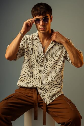 Image of Veirdo Poly Cotton Oversized Loose Baggy Fit Drop Shoulder Cool and Stylish Abstract Print Men Camp Collar Shirt