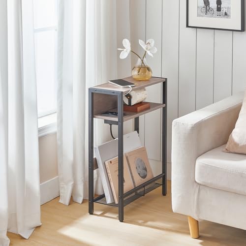 CHOEZON Mesa Auxiliar Estrecha, Mesita de Sofá con Base de Carga, Mesilla de Noche Estrecha, Mesita de Centro con 3 Niveles, Sala de Estar, Gris Envejecido DTBZ05CBH - imagen 8