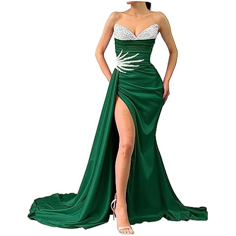 Uzqast Women Sequin Beaded Strapless Prom Dress Satin Long Formal Evening Party Gowns Dress Bridesmad Dress with Slit Emerald Green Cover