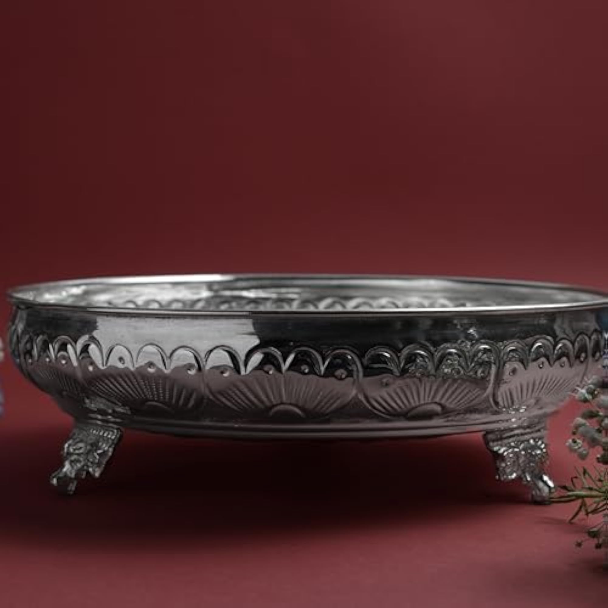 Fruit Elephant Stand Plate for Pooja, Silver Finish Decorative Tray