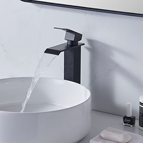 Shaco Matte Black Vessel Sink Faucet, Tall Waterfall Bathroom Faucet For Sink Bowl, Single Handle One Hole Bathroom Mixer Tap With Pop Up Drain And Water Supply Line, Lavatory Vanity Faucet #TOP5