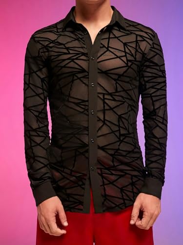 WDIRARA Men's See Through Mesh Shirt Collared Long Sleeve Textured Shirt Tops4