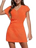 Haloumoning Girls Crochet Swim Beach Cover Up Kids Fashion Button Short Sleeve Swimsuits Cover Ups 5-14 Years