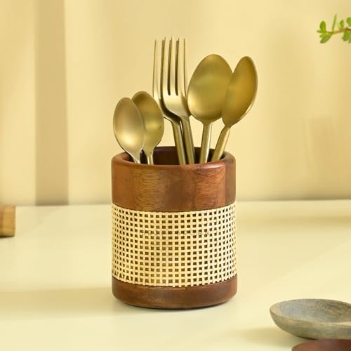 Image of Brick Brown Premium Wooden Tresso Cutlery Holder Spoon Stand for Kitchen,for Dining Table,Wooden Caddy Storage Organizer Stand with Removable Section Caddy Holder (4x4x4.5 inch) 10.2 x 10.2 x 11.9 cm