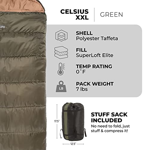 Teton Sports Celsius Xxl 0 Degree Sleeping Bag - 0˚F Cold-Weather Sleeping Bag For Men & Women - Camping Accessory & Winter Sleeping Bag With Hood - Compression Sack - Right Zipper, Green #TOP2