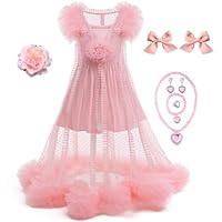 Btonai Pink Witch Costume for Girls Pink 2 Piece Pajamas Set Dress, Bouffant Mesh Outfits with Accessories