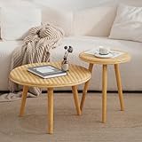 HuiDao Side Table Set of 2, Coffee Table for Living Room, Farmhouse Circle End Table, Boho Round Coffee Table Natural Finish with Handcrafted Bamboo-Woven Tabletop, Unique Coffee Table