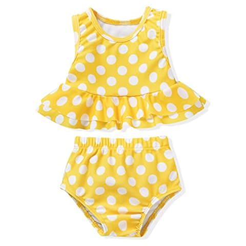 Aalizzwell 2-3T Toddler Little Girls Swimsuit Two Piece Polka Dot Ruffle Bathing Suit Bikini Tops Bottoms Swimming Suit Swimwear Beach Wear Yellow 2T Cover