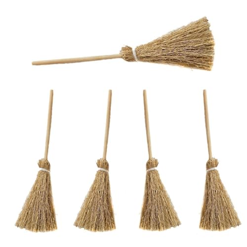 Mini Brooms Dollhouse Broomstick with Rope Straw Halloween Witch Crafts for Wizard Accessory (White)