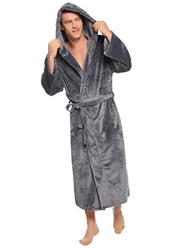 Vlazom Albornoz de Hombre de Pana Goffrada, Cuello Chal y Bordado Contraste, Suave Ligero, Estilo Kimono para Spa y Relax(S,Gris)