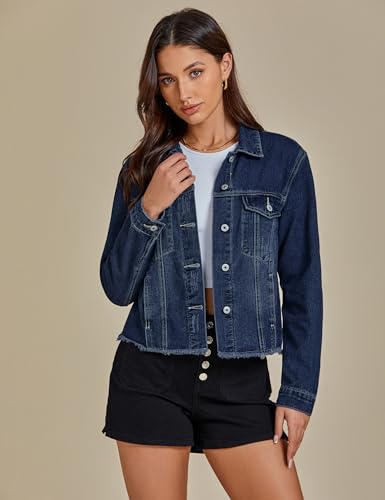 Image of luvamia Denim Jacket for Women Distressed Jean Jackets Button Up Vintage Western Trucker Jacket Frayed Hem Pockets