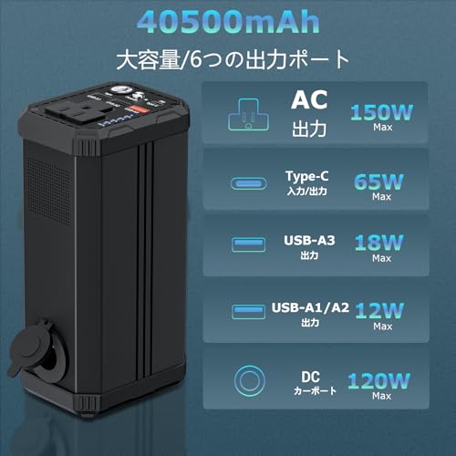 KINGBERIWI ポータブル電源 AC出力対応 モバイルバッテリー 40500mAh/146Wh 大容量 PD 65W 高輝度LEDライト付き AC/DC/USB出力 最大6台 急速充電対応 車中泊 緊急・災害時バックアップ用電源 MacBook/ノートパソコン(P9)