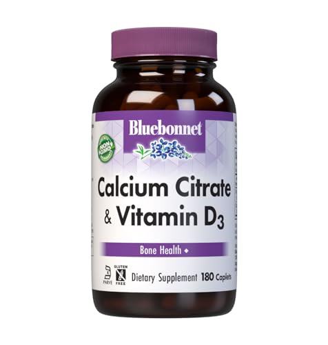 Bluebonnet Calcium Citrate with Vitamin D3 - Daily Bone Health & Strength Plus Immune Support* 1000mg Calcium Supplement for Women & Men - Non-GMO Gluten-Free - 180 Caplets