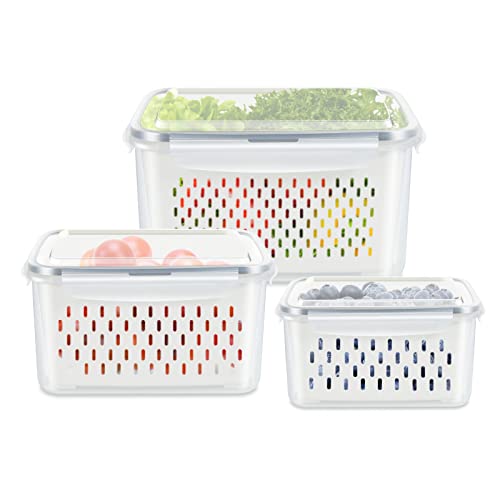 3 Pack Fruit Storage Containers for Fridge, Produce Saver Vegetable Container with Drain Colanders - Refrigerator Organizer for Lettuce Berry Keepers by TBMAXS - Used condition - US$14.42