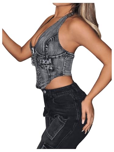 SHENHE Women's Y2k Denim Crop Top Deep V Zip Up Belted Halter Top Sexy Backless Asymmetrical Jean Corset3