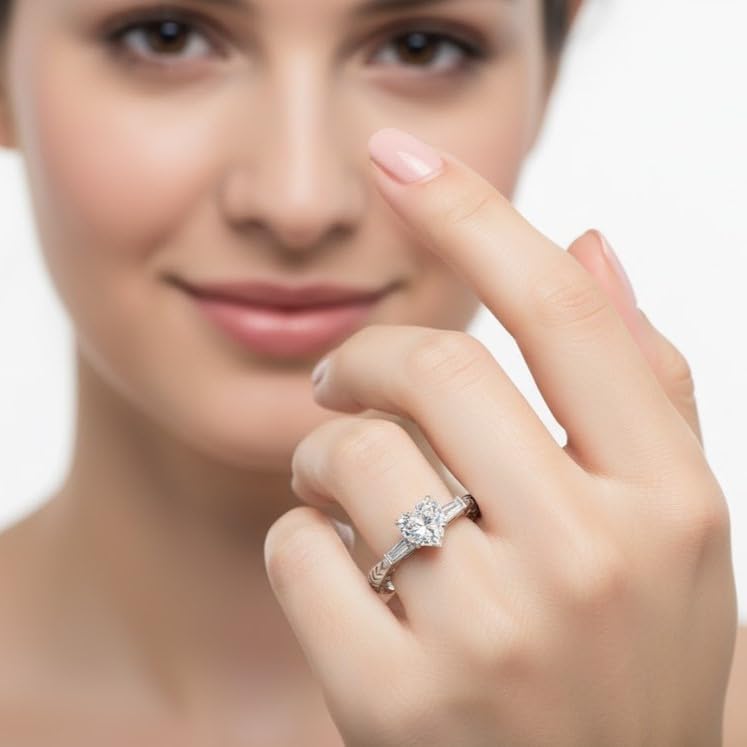 Image of 55Carat Choose Your Gemstone 0.50 Ct. Diamond CZ Baguette 3 Stone Ring Sterling Silver Heart Shape Vintage Engagement Rings Matching Jewelry Wedding Jewelry Easy to Wear Gifts US Size 4 to 12