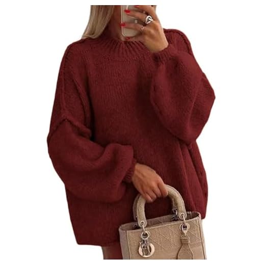 TIQOJE Women's Oversized Crewneck Fall Sweaters for Women 2024 Long Sleeve Fuzzy Knit Chunky Pullover Sweater(Red-L)
