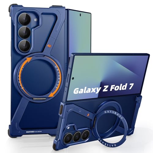 Image of Z Shaped Metal Frameless Phone Case for Samsung Galaxy Z Fold 7 with Wireless Charging | Minimalist Bezel Less with 360 Magnetic Ring Kickstand (Blue)