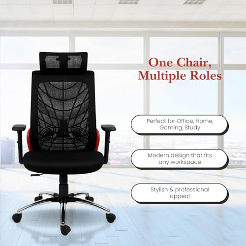 Image of activa Cyber Ergonomic High Back Office Chair | Mesh Computer Chair with Adjustable Headrest | Lumbar Support | Armrest & Swivel Wheels | Comfortable Chair for Home /Office /Study /Gaming (Red Black)