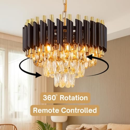Image of Elegant Chandelier Ceiling Light for Living Room Hanging Pendant Light | Italian K9 Crystals | Metal Frame | Adjustable LED Light-Pack of 1 (Rotatable-300MM-Round-Black Gold-New)