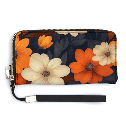 Flowers And Leaves Natural Collors PU Leather Clutch Long Bifold Wallet, Coin Purse Credit Pass Case, Durable Card-Holder Money Storage for Women Men