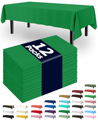 Pureegg Plastic Table Cloth Disposable 12 Pack, 54 x 108 Inch Table Cloths, St Patricks Day, Christmas Decorations, Tablecloths, Rectangle, Forest, Emerald, Plastic Cover, Leakproof & Sturdy, Green