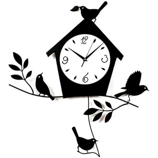 Birds and Birdhouse Wall Clock with Pendulum | Laser-Cut Bird Theme & Black Matte Finish| Wood Wall Clock with Frosted Glass Dial & Battery Powered Wood Material