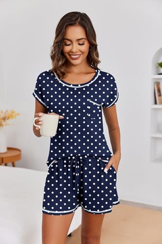 Image of Ekouaer Womens Pajama Sets 2 Piece Soft Short Sleeve Top and Shorts Sleepwear Round Neck Pjs Lounge Set with Pockets