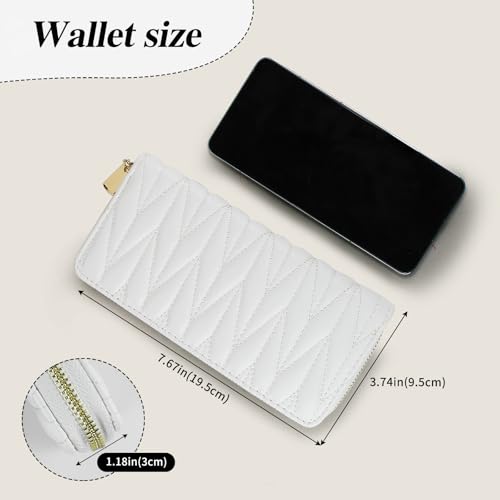 Women Wallet, PU Lightweight Large Capacity Long Wallet, Quilted Ladies Clutch Wallets for Work Gathering Travel (White)2