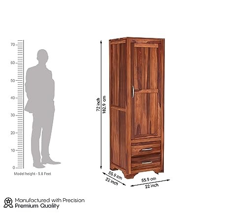 Image of Sheesham Wood Wooden Single Door Wardrobe Organizer for Clothes | - Solid Wood Almirah with 2 Drawers, 2 Shelves with Hanging Space - Cupboard for Large Bedroom (Design 30)