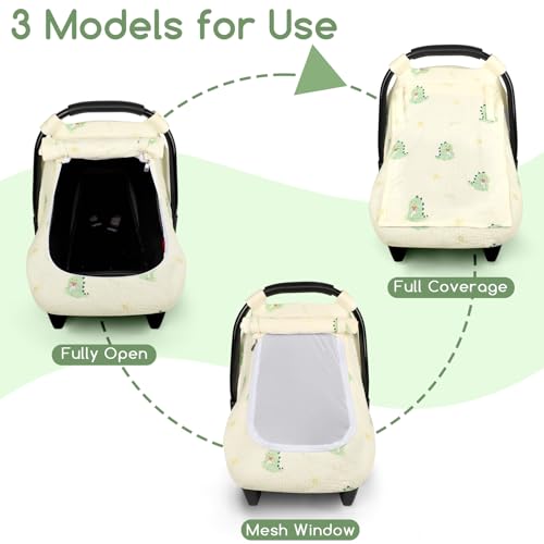 Image of Muslin Baby Car Seat Cover for Boys Girls, Infant Carseat Canopy with Breathable Mesh Peep Window, Summer Lightweight Sunshade Carrier Cover for Newborn, Green Dinosaur