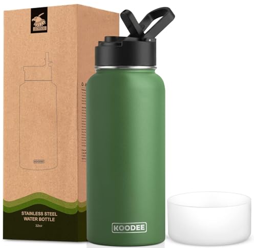 Image of Koodee 32 oz Water Bottle with Wide Handle Straw Lid, Vacuum Insulated 18 /8 Stainless Steel Wide Mouth Flask (Grass Green)