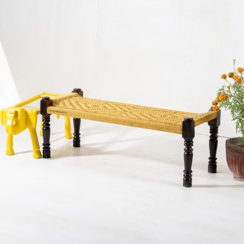 Image of Wooden Bench for Seating | Handcrafted Sheesham Wood Bench for Living Room, Balcony & Garden | Traditional Patio for Outdoor with Cotton Handwoven Rope | Yellow