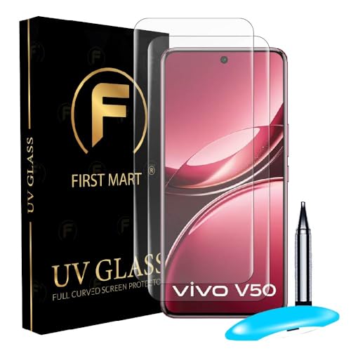 Image of FIRST MART Military Grade UV Tempered Glass For Vivo V50 and Vivo V50e 5G (6.77 Inch) With Edge To Edge Full Screen Coverage & Easy UV Installation Kit | Crystal Clear, Pack of 2