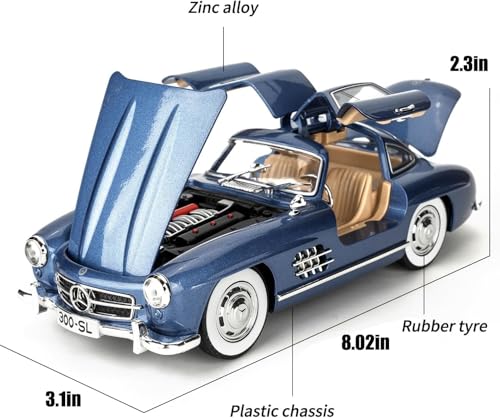 Image of Benz 300 SL Classic Car Model Zinc Alloy Pull Back Toy Car with Sound & Light, for Kids, Boys & Girls, Ages 3+ (Blue)