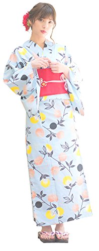 Kimura Jitsugyo Women's Kyoto Traditional Easy Wearing Kawaii Yukata Robe(Japanese Casual Kimono) Full Set 4 Sky blue & Happy Fruit 13 Woman