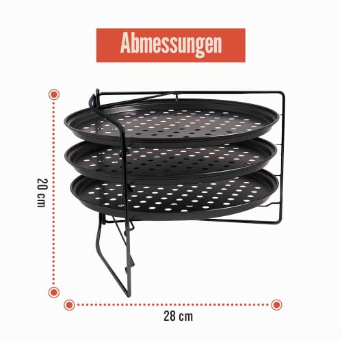 Foto von Chef Pomodoro Pizzablech – Pizzablech Rund – Pizza Blech – 3er Set - Pizzaform - Pizza Backblech - Pizzableche - Antihaft Gelochte Pizzapfanne aus Karbonstahl, Pizzablech Rund 28 cm