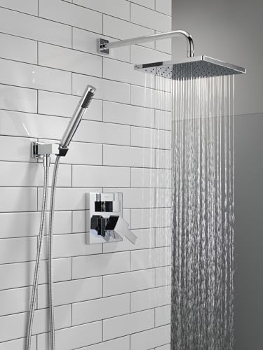 Image of Delta Modern 14 Series Square Rain Shower System Faucet Set, Rainfall Chrome Shower Head and Handle Set, Valve Trim Kit, 10 Inch, Chrome 342701