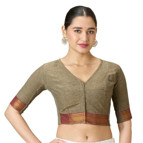 Image of Studio Shringaar Women's Handloom Cotton Stretchable (Smocked) Saree Blouse with Temple Zari Border