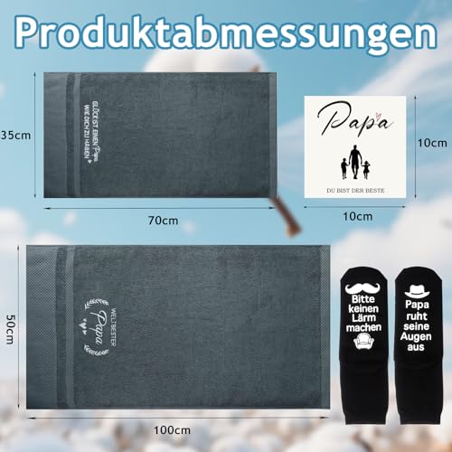 YYSWSAKY Papa Geschenk, 4 Teilig Vatertagsgeschenk Set mit Badehandtuch 50 X 100 cm, Handtuch 35 X 75 cm, Lustige Socken und Grußkarten, Geschenkset für Papa zum Vatertag, Geburtstag, Weihnachten