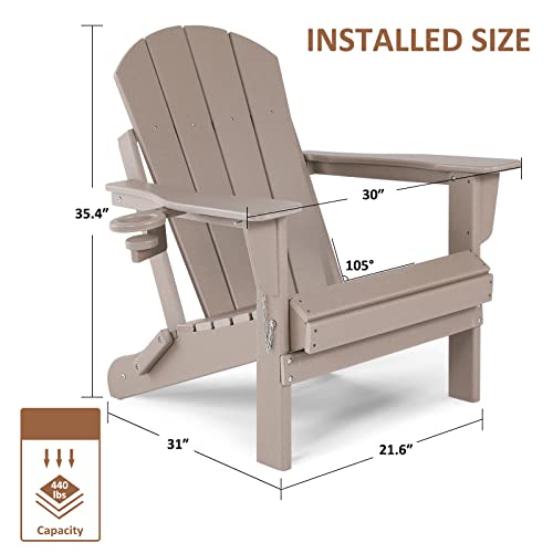 Abcpatio Folding Plastic Adirondack Chair - Outdoor Weather Resistant Adirondack Chairs With Cup Holder, Stackable Seating For Patio, Porch, Deck, Pool, Garden, Backyard(Seat Width 21.6", Light Brown) #TOP2