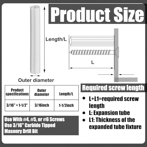 Lineshading 200 Pcs Expanding Plastic Screw Anchors 3/16" Hole White Plastic Anchors for Concrete Masonry Tile Cement Bolt Expansion Tube for #4,5,6 Screws, Fix to Wall Drywall or Other (1-1/2")