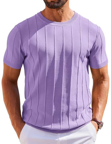 COOFANDY Knit Shirts for Men Summer Shirts Short Sleeve Crew Neck Sweater Business Casual Shirt Lilac