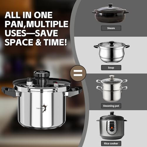 Image of TIBORANG 8.5 QT Stainless Steel Pressure Cooker, [Multi-Cooker for Gas & Induction Stove] [Saves 70% Cooking Time] [One-Hand Operation], Family Size for 3-5 People, Olla de Presion | [Multi-Cooker for Gas & Induction Stove Pressure Cooker] [Saves 70% Cooking Time] [One-Hand Operation], Olla de Presion