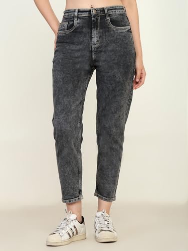 Image of Zayla Women's Mom Fit Cloud Wash Jeans I Full-Length Denim Stretchable High Waist Pant with Curved Pocket I Clean Solid Loose Fit Pants I for Everyday Office Party Girls