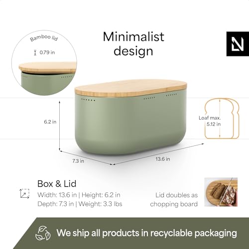 Image of LARS NYSOM Bread Box I Metal bread box for long lasting freshness with non-slip pads I Baked goods Bin with bamboo lid usable as cutting board I 13.6x7.3x6.2in (Sage Green)