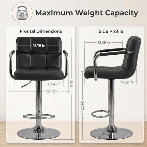 Image of HealSmart Bar Stools Set of 2, Adjustable Swivel Bar Chairs with Cushioned Armrests & Ergonomic Backrest, Water-Resistant PU Leather for Kitchen Island Counter Pub Dining Room, Black