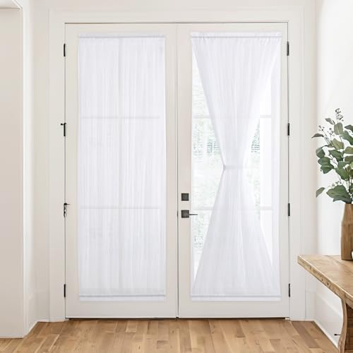 RYB HOME French Door Sheer Curtains, Light-Filtering Privacy Drapes with Tieback for Front Door, Top and Bottom Rod Pocket Sidelight Drapes with 2 Layers, White, W26 x L80