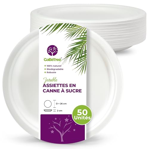 GoBeTree 50 assiettes jetables rondes en bagasse de canne à sucre blanches de 26 cm. Assiettes en papier jetables extra-résistantes, pour camping,...