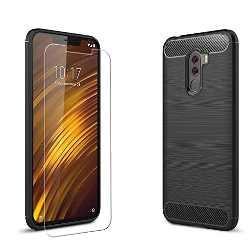 MYLB Xiaomi Pocophone F1 case,with Xiaomi Pocophone F1 Screen Protector. (3 in 1)[Scratch Resistant Anti-Fall] Fashion Soft TPU Shockproof Case with Xiaomi Pocophone F1 Glass Screen Protector (Black)